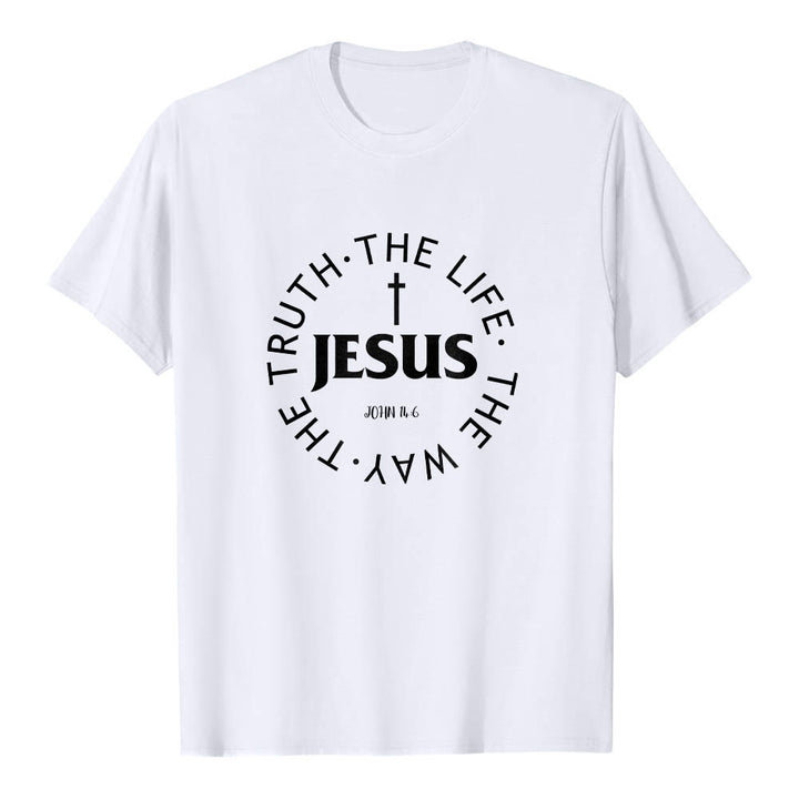 Christianartworkshop Camiseta de manga corta premium con cruz centrada, versículo circular curvo de JESÚS, Juan 14:6 - Blanco - 2XL - image 6