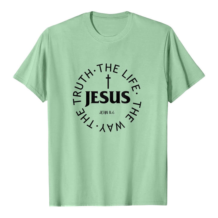 Christianartworkshop Camiseta de manga corta premium con cruz centrada, versículo circular curvo de JESÚS, Juan 14:6 - Verde claro - 2XL - image 21
