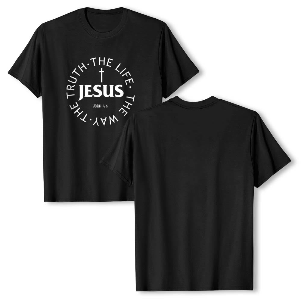 Christianartworkshop Camiseta de manga corta premium con cruz centrada, versículo circular curvo de JESÚS, Juan 14:6 - image 19