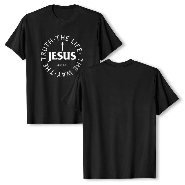Christianartworkshop Camiseta de manga corta premium con cruz centrada, versículo circular curvo de JESÚS, Juan 14:6 - image 19