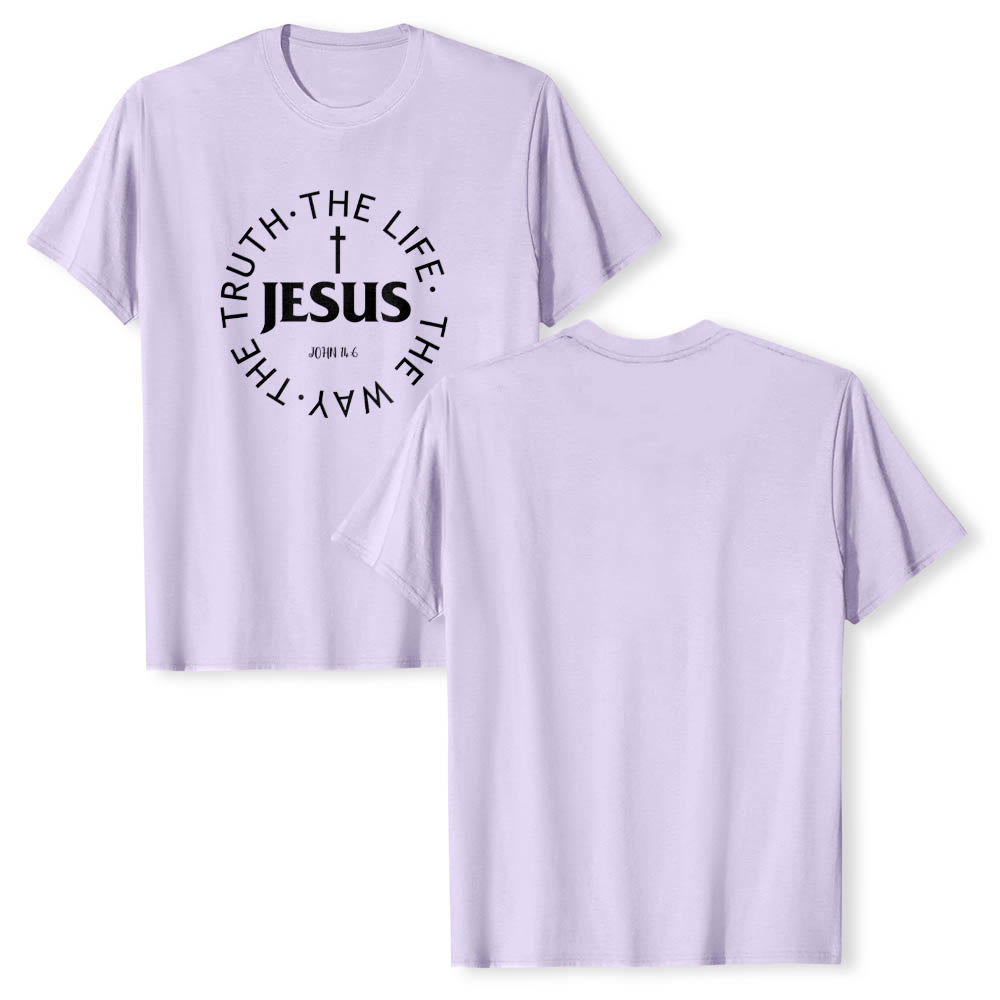 Christianartworkshop Camiseta de manga corta premium con cruz centrada, versículo circular curvo de JESÚS, Juan 14:6 - image 16