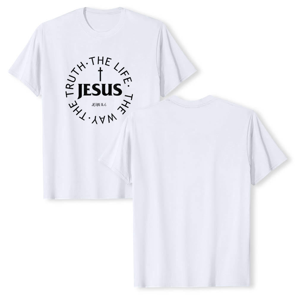 Christianartworkshop Camiseta de manga corta premium con cruz centrada, versículo circular curvo de JESÚS, Juan 14:6 - image 7