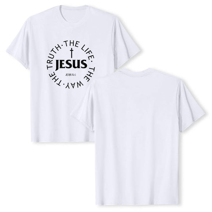 Christianartworkshop Camiseta de manga corta premium con cruz centrada, versículo circular curvo de JESÚS, Juan 14:6 - image 7