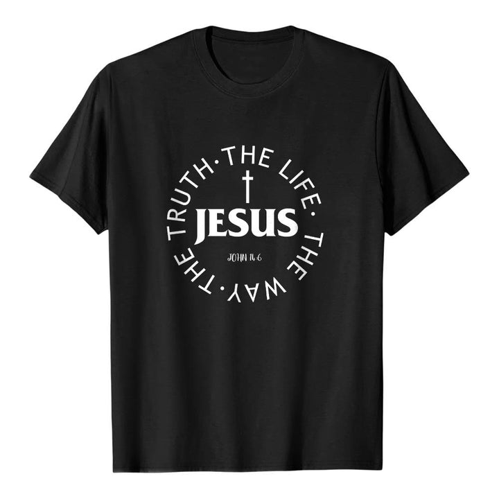 Christianartworkshop Camiseta de manga corta premium con cruz centrada, versículo circular curvo de JESÚS, Juan 14:6 - Negro - 2XL - image 18