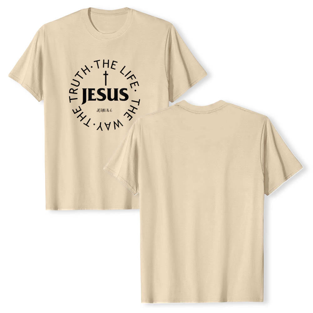 Christianartworkshop Camiseta de manga corta premium con cruz centrada, versículo circular curvo de JESÚS, Juan 14:6 - image 1
