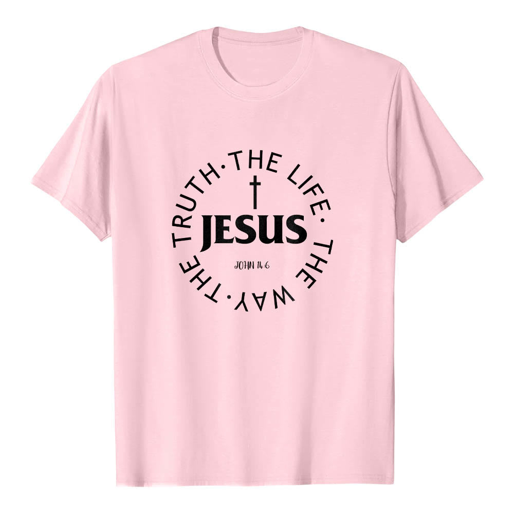 Christianartworkshop Camiseta de manga corta premium con cruz centrada, versículo circular curvo de JESÚS, Juan 14:6 - Rosa - 2XL - image 24