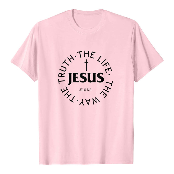 Christianartworkshop Camiseta de manga corta premium con cruz centrada, versículo circular curvo de JESÚS, Juan 14:6 - Rosa - 2XL - image 24