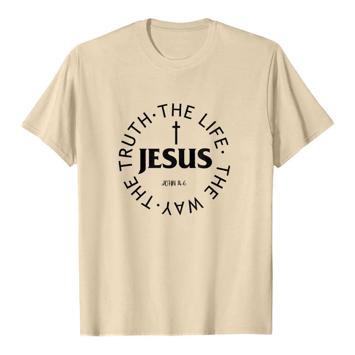 Christianartworkshop Camiseta de manga corta premium con cruz centrada, versículo circular curvo de JESÚS, Juan 14:6 - Beige - 2XL - image 0