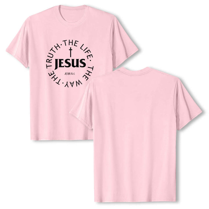 Christianartworkshop Camiseta de manga corta premium con cruz centrada, versículo circular curvo de JESÚS, Juan 14:6 - image 25