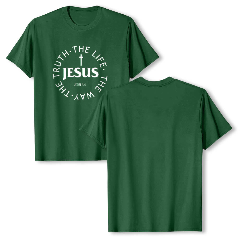 Christianartworkshop Camiseta de manga corta premium con cruz centrada, versículo circular curvo de JESÚS, Juan 14:6 - image 10