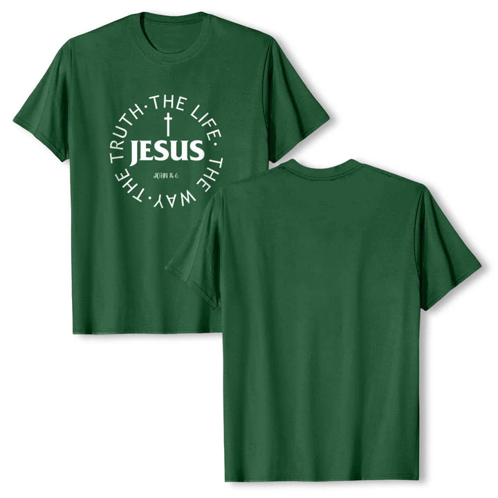 Christianartworkshop Camiseta de manga corta premium con cruz centrada, versículo circular curvo de JESÚS, Juan 14:6 - image 10