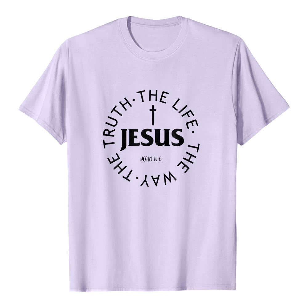 Christianartworkshop Camiseta de manga corta premium con cruz centrada, versículo circular curvo de JESÚS, Juan 14:6 - Púrpura - 2XL - image 15