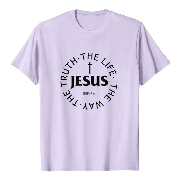 Christianartworkshop Camiseta de manga corta premium con cruz centrada, versículo circular curvo de JESÚS, Juan 14:6 - Púrpura - 2XL - image 15