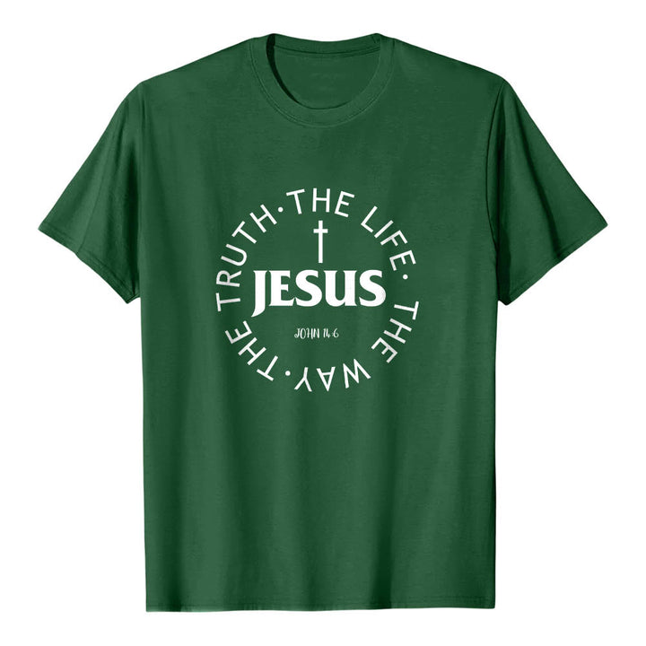 Christianartworkshop Camiseta de manga corta premium con cruz centrada, versículo circular curvo de JESÚS, Juan 14:6 - Verde oscuro - 2XL - image 9