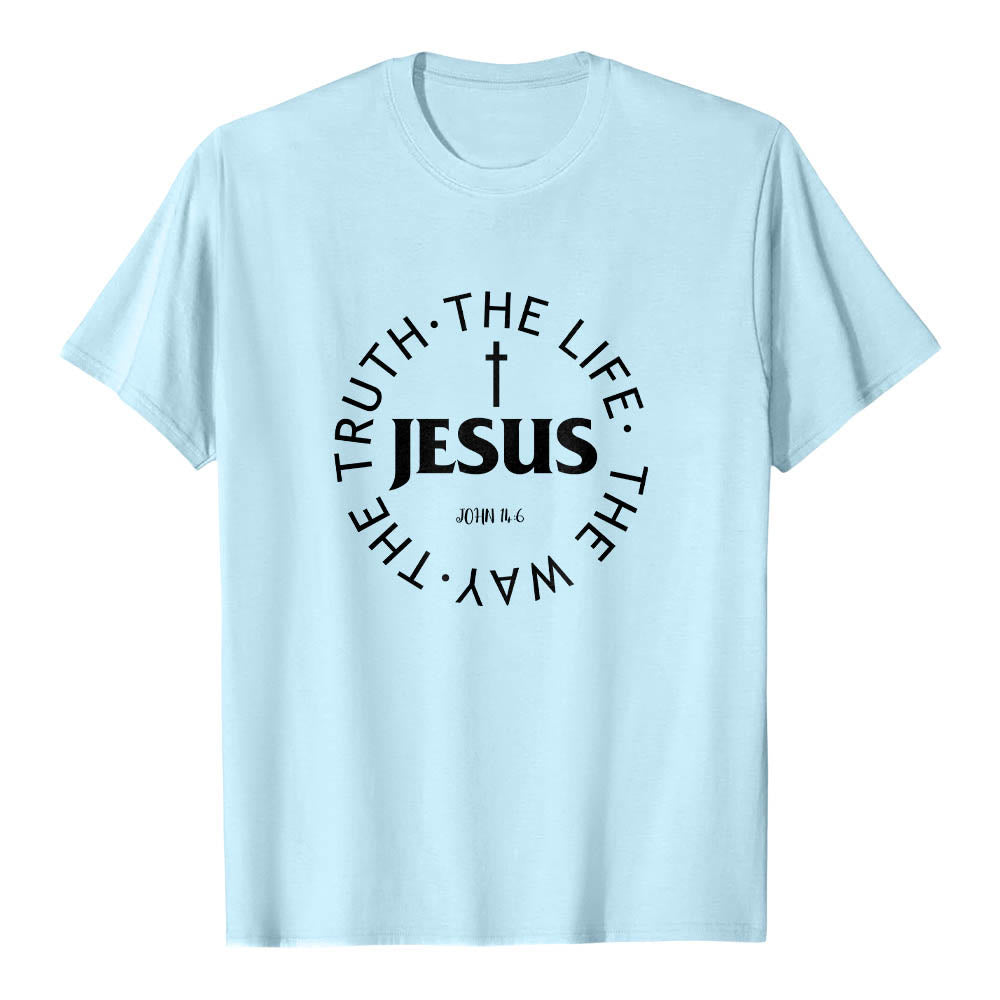 Christianartworkshop Camiseta de manga corta premium con cruz centrada, versículo circular curvo de JESÚS, Juan 14:6 - Azul - 2XL - image 12