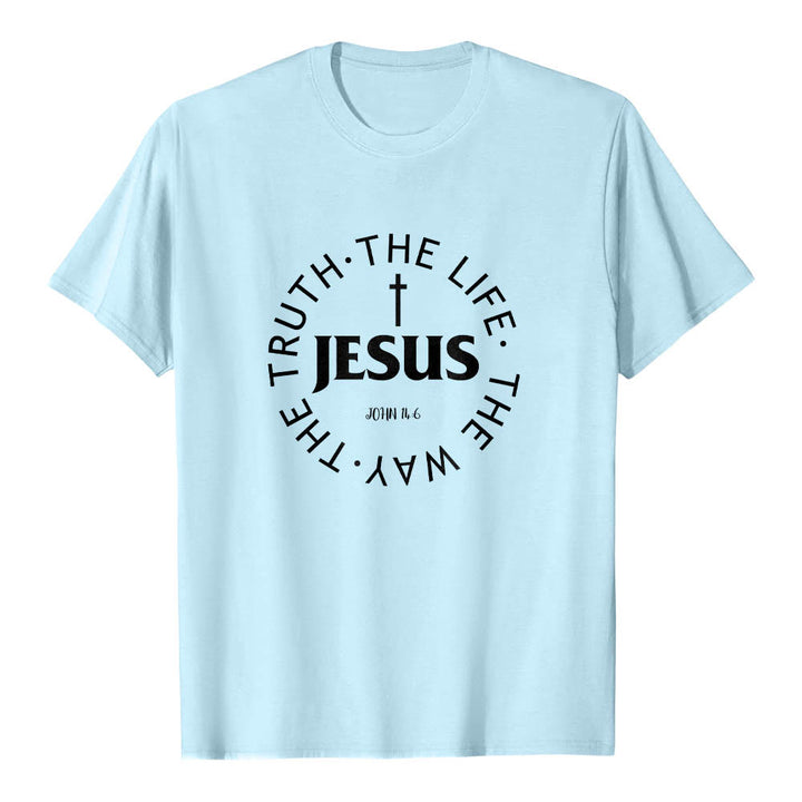 Christianartworkshop Camiseta de manga corta premium con cruz centrada, versículo circular curvo de JESÚS, Juan 14:6 - Azul - 2XL - image 12