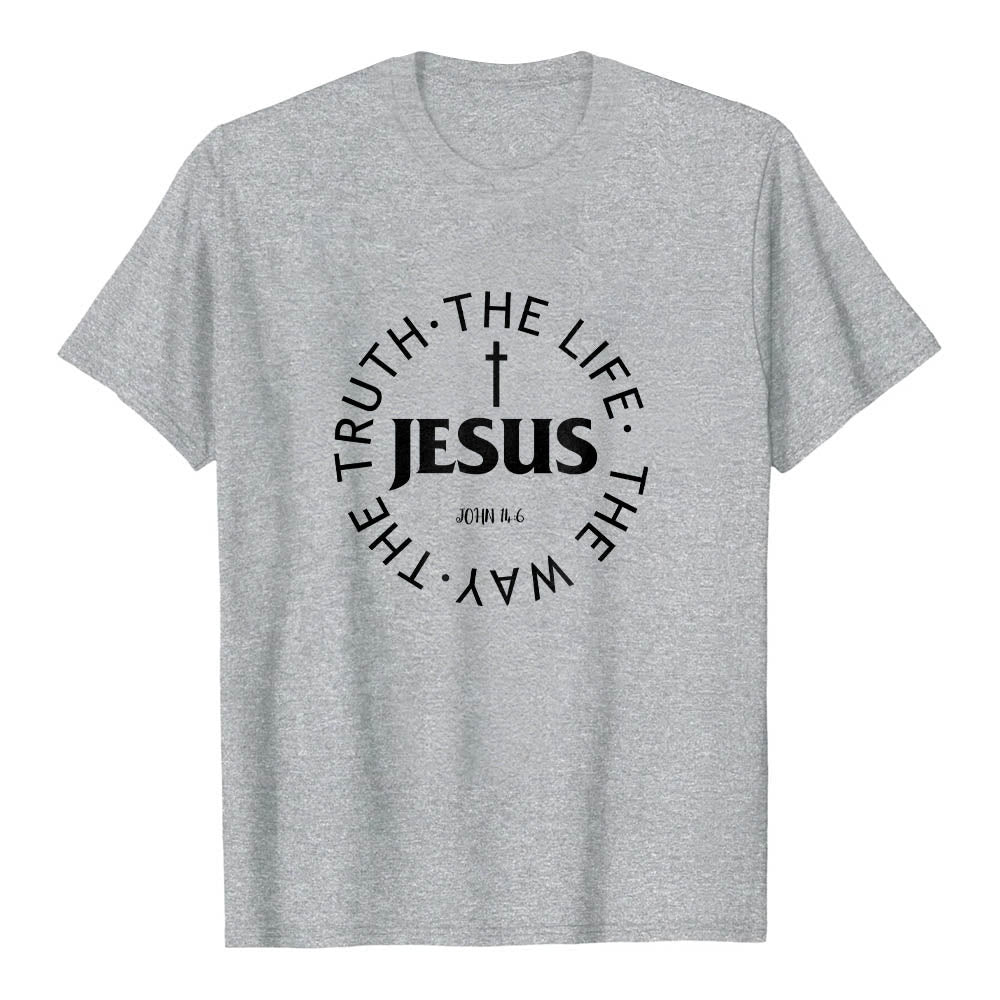 Christianartworkshop Camiseta de manga corta premium con cruz centrada, versículo circular curvo de JESÚS, Juan 14:6 - Gris - 2XL - image 3