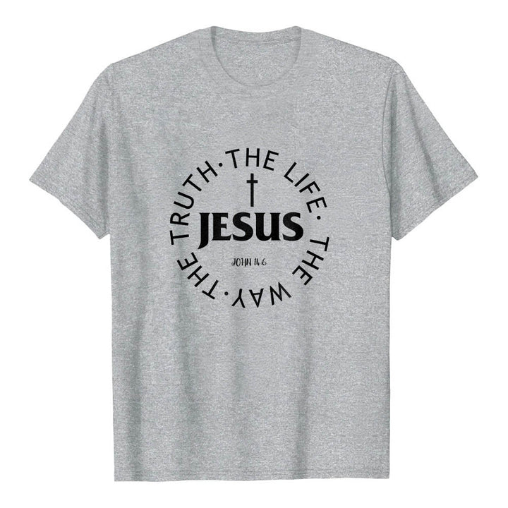 Christianartworkshop Camiseta de manga corta premium con cruz centrada, versículo circular curvo de JESÚS, Juan 14:6 - Gris - 2XL - image 3