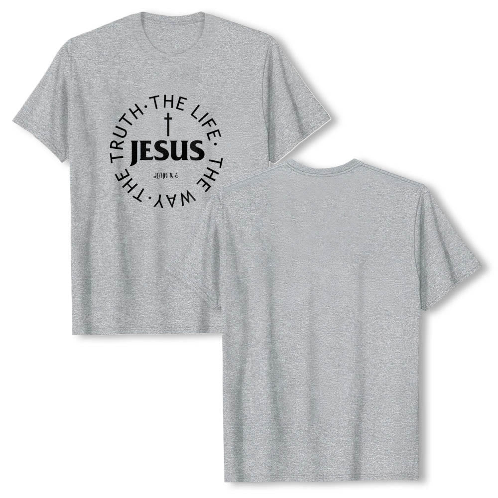 Christianartworkshop Camiseta de manga corta premium con cruz centrada, versículo circular curvo de JESÚS, Juan 14:6 - image 4