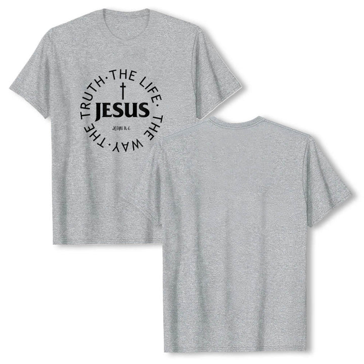 Christianartworkshop Camiseta de manga corta premium con cruz centrada, versículo circular curvo de JESÚS, Juan 14:6 - image 4