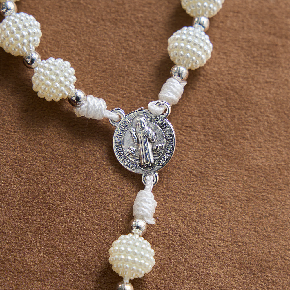 Christianartworkshop Rosario de bolsillo con cordón de cuentas de perlas y colgante de llave de San Benito grabado. - image 6