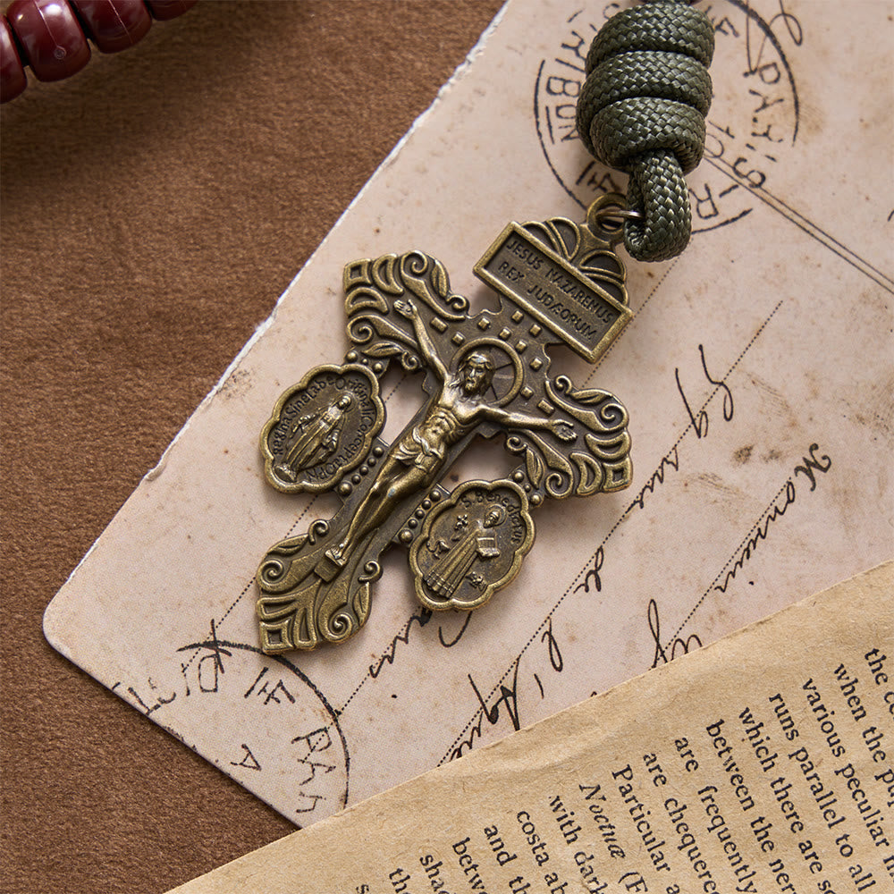 Christianartworkshop Rosario con crucifijo de triple panel, medalla milagrosa, crucifijo y cuentas de barril marrón de 15 décadas de paracord, 15 medallas milagrosas - image 8