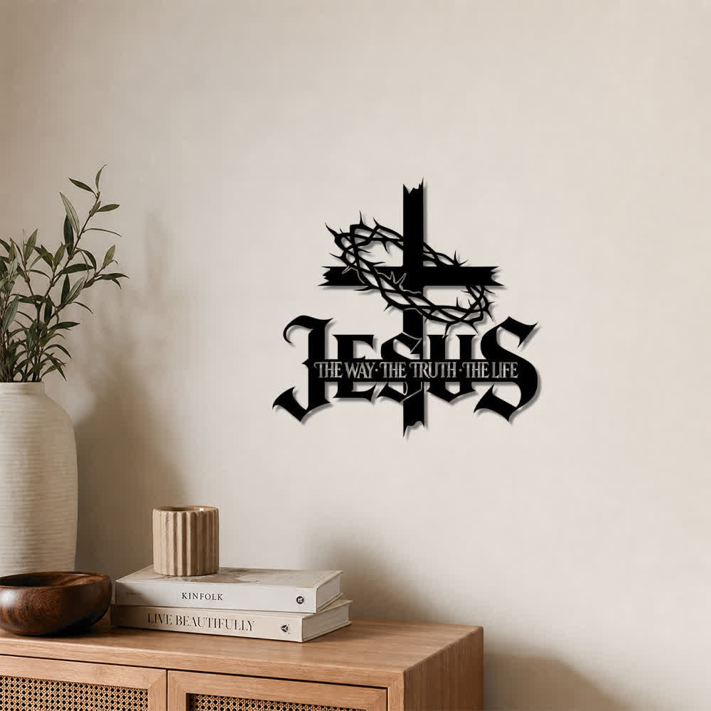 Christianartworkshop Cruz con corona de espinas y versículo bíblico de Jesús, decoración de pared de metal: símbolo de la eterna verdad divina. - image 0