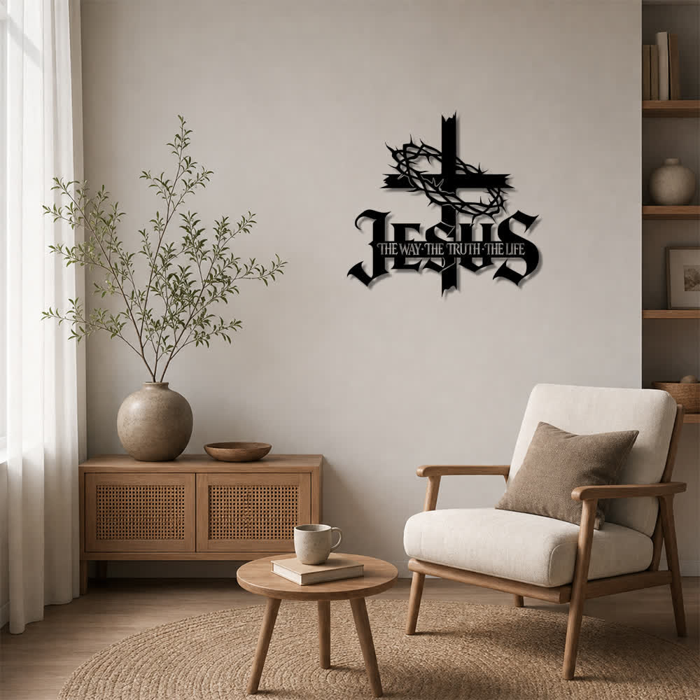 Christianartworkshop Cruz con corona de espinas y versículo bíblico de Jesús, decoración de pared de metal: símbolo de la eterna verdad divina. - image 1