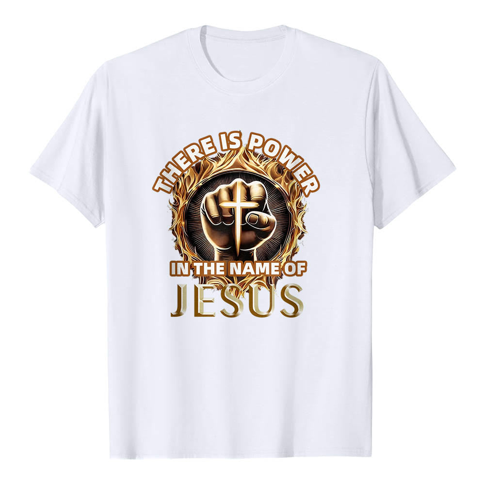 Christianartworkshop Hay poder en el nombre de Jesús. Camiseta circular de manga corta con puño cerrado, cruz y llama. - Blanco - 2XL - image 3