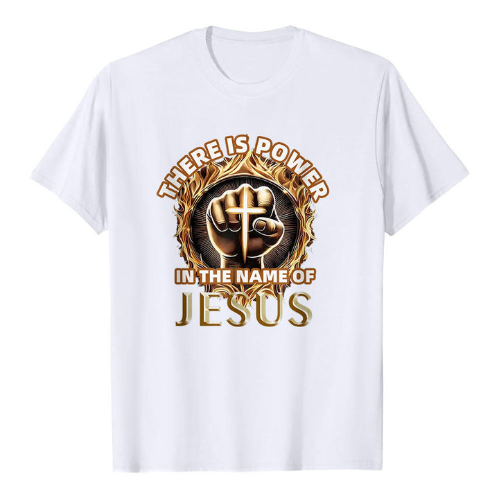 Christianartworkshop Hay poder en el nombre de Jesús. Camiseta circular de manga corta con puño cerrado, cruz y llama. - Blanco - 2XL - image 3