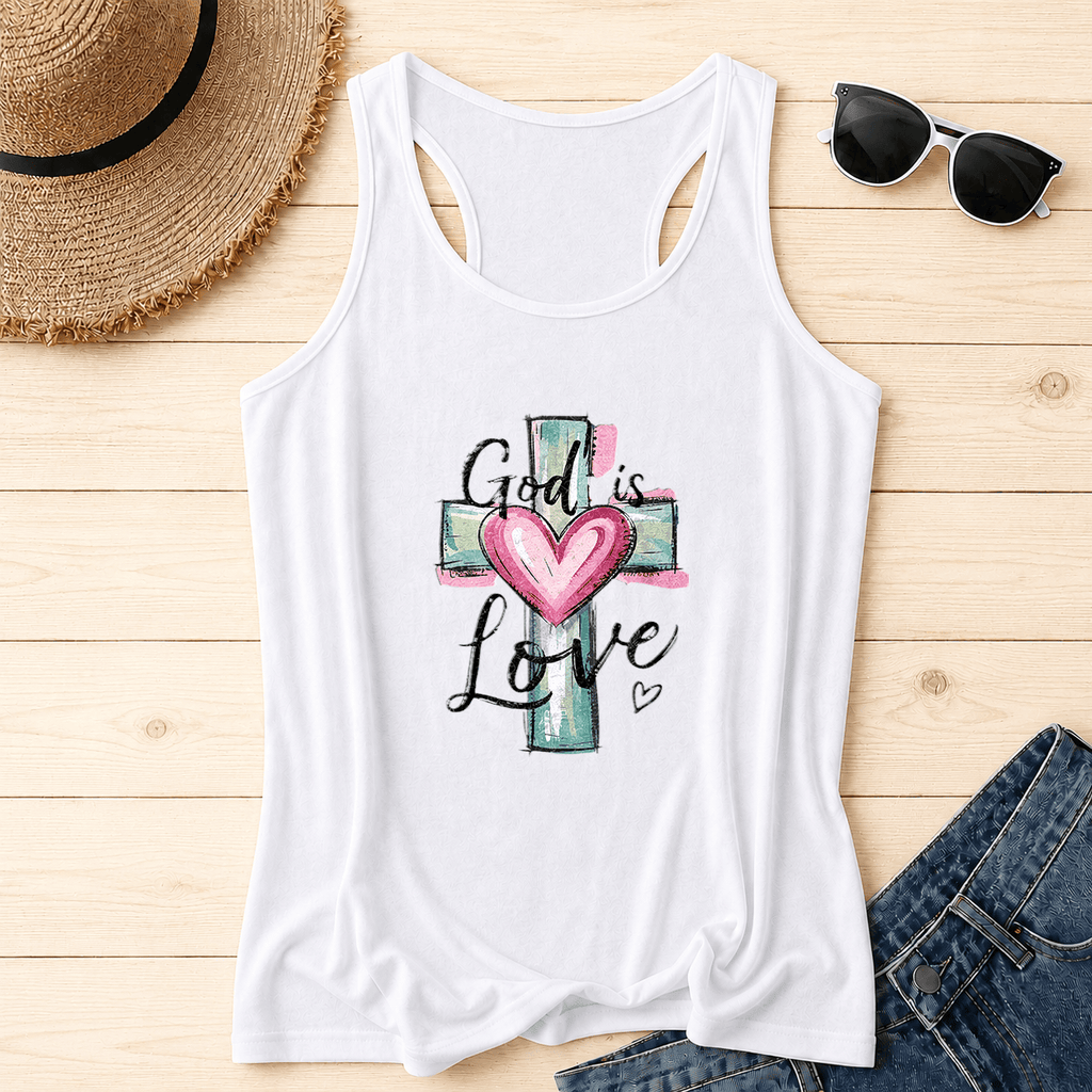 Christianartworkshop Camiseta sin mangas estilo nadadora con espalda cruzada y cruz y corazón en acuarela dibujados a mano con texto cursivo "Dios es amor". - Blanco - 2XL - image 0