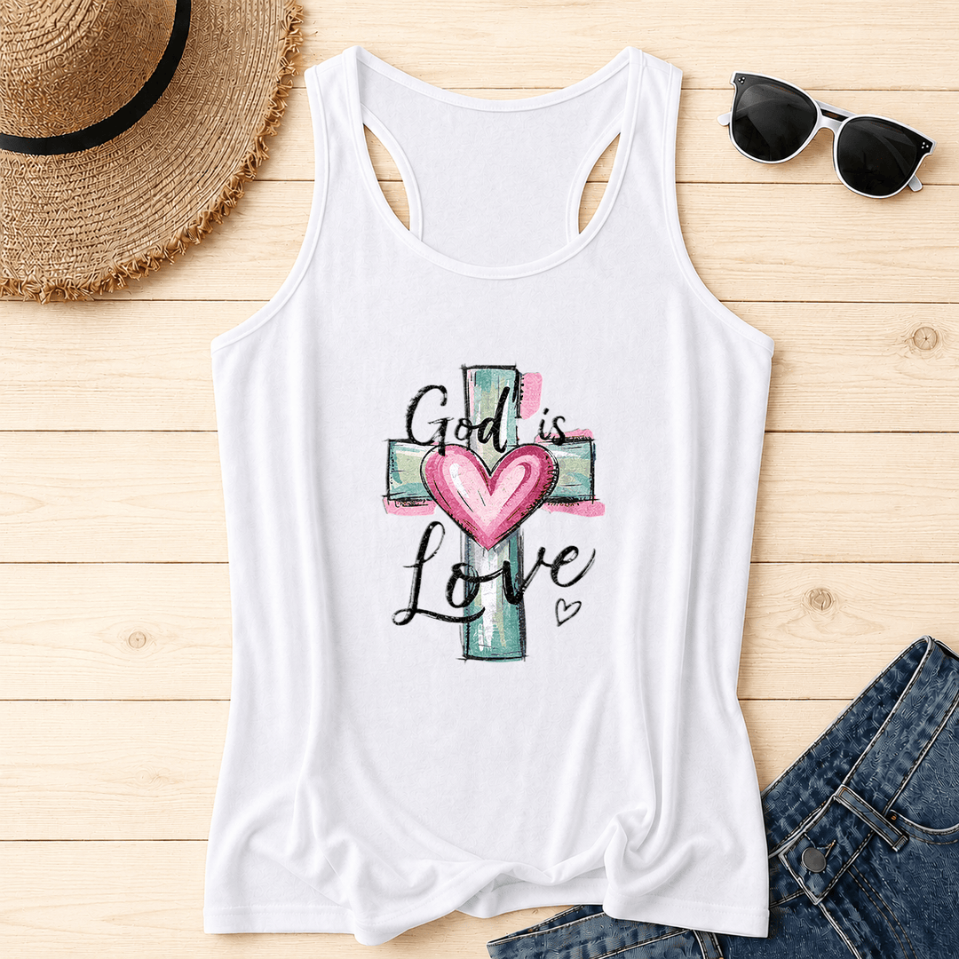 Christianartworkshop Camiseta sin mangas estilo nadadora con espalda cruzada y cruz y corazón en acuarela dibujados a mano con texto cursivo "Dios es amor". - Blanco - 2XL - image 0
