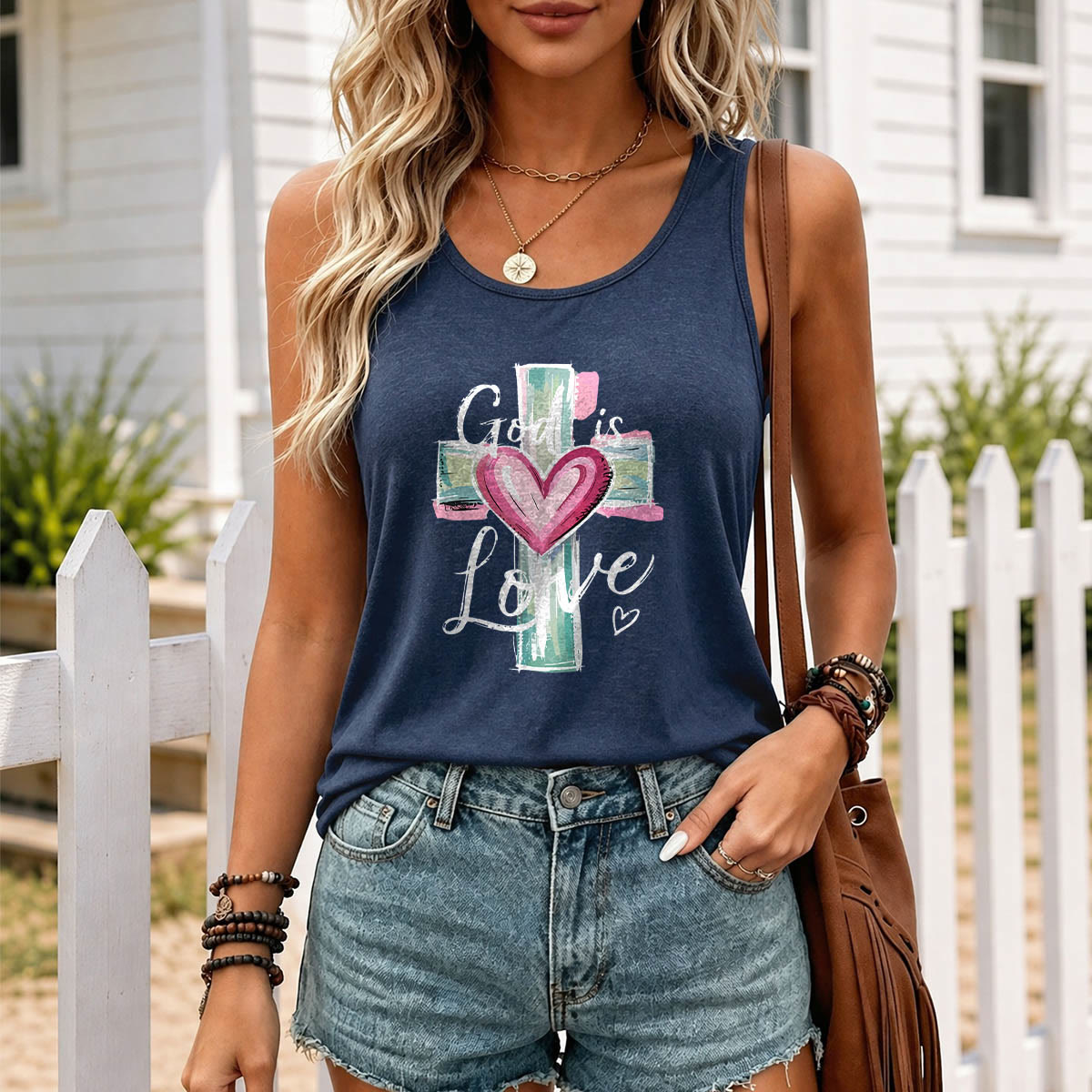 Christianartworkshop Camiseta sin mangas estilo nadadora con espalda cruzada y cruz y corazón en acuarela dibujados a mano con texto cursivo "Dios es amor". - image 15
