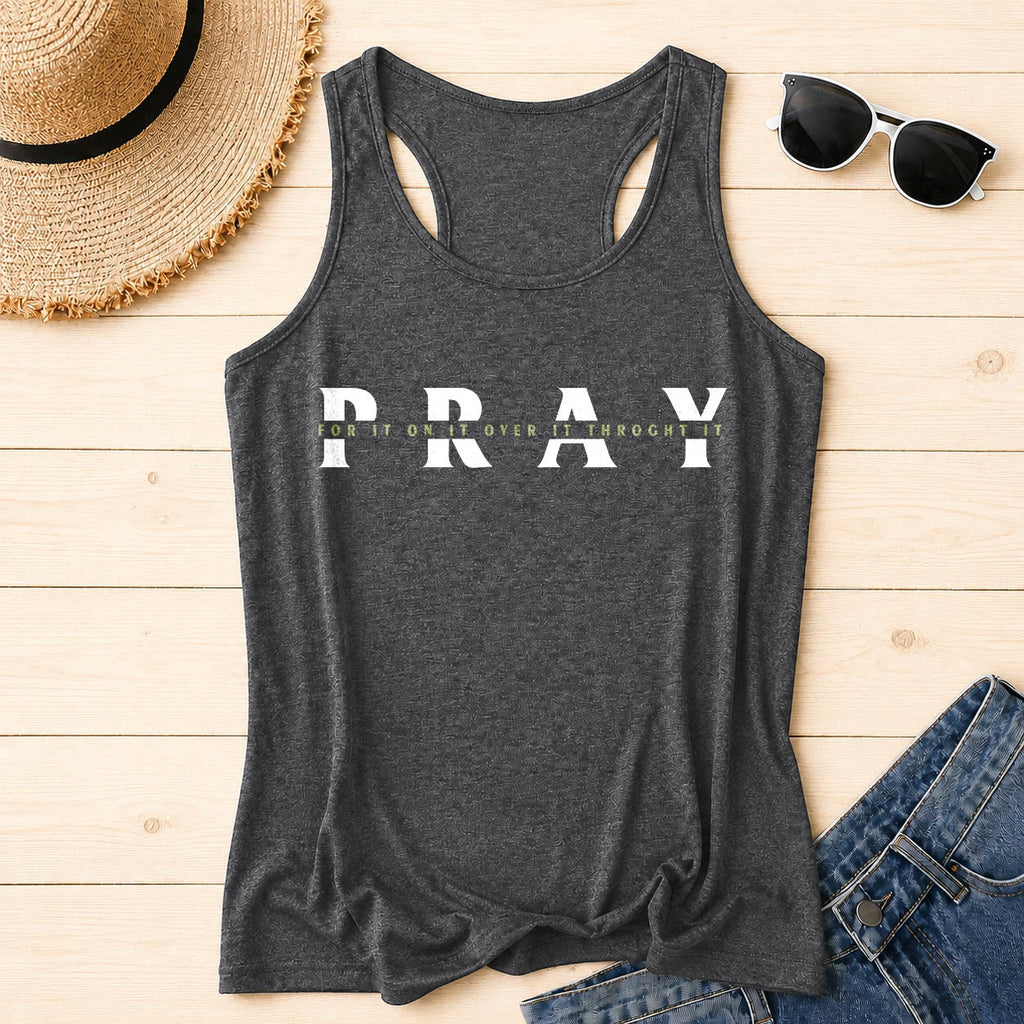 Christianartworkshop Camiseta sin mangas estilo racerback con estampado frontal de múltiples preposiciones y la frase "PRAY" superpuesta, con efecto desgastado. - Gris - 2XL - image 0
