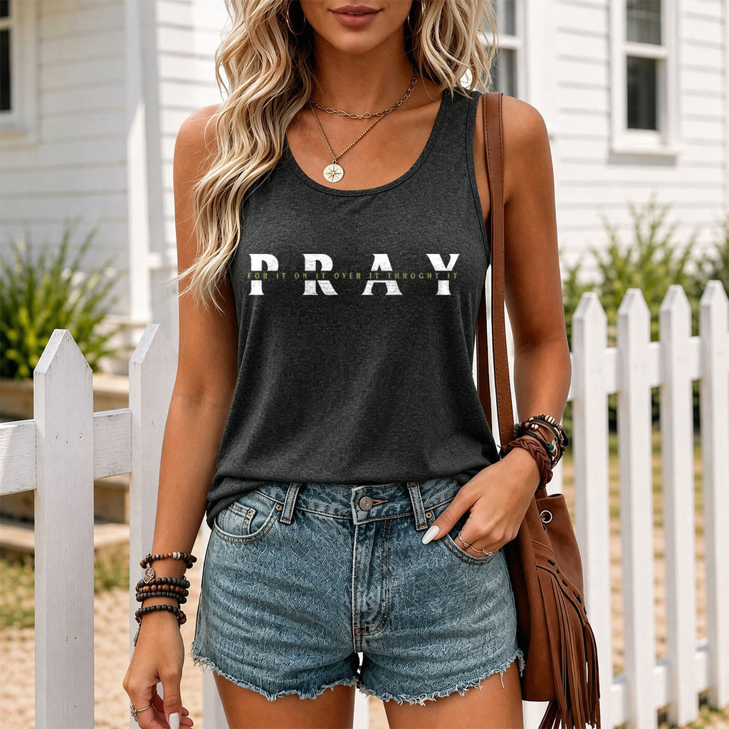 Christianartworkshop Camiseta sin mangas estilo racerback con estampado frontal de múltiples preposiciones y la frase "PRAY" superpuesta, con efecto desgastado. - image 1