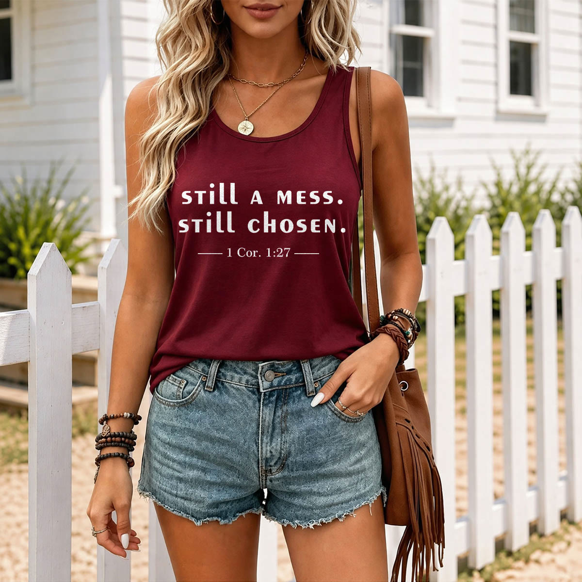 Christianartworkshop Todavía un desastre, todavía elegido. Verso casual con serifa de dos líneas. Cita de 1 Corintios 1:27. Camiseta sin mangas con espalda deportiva y estampado frontal. - image 11