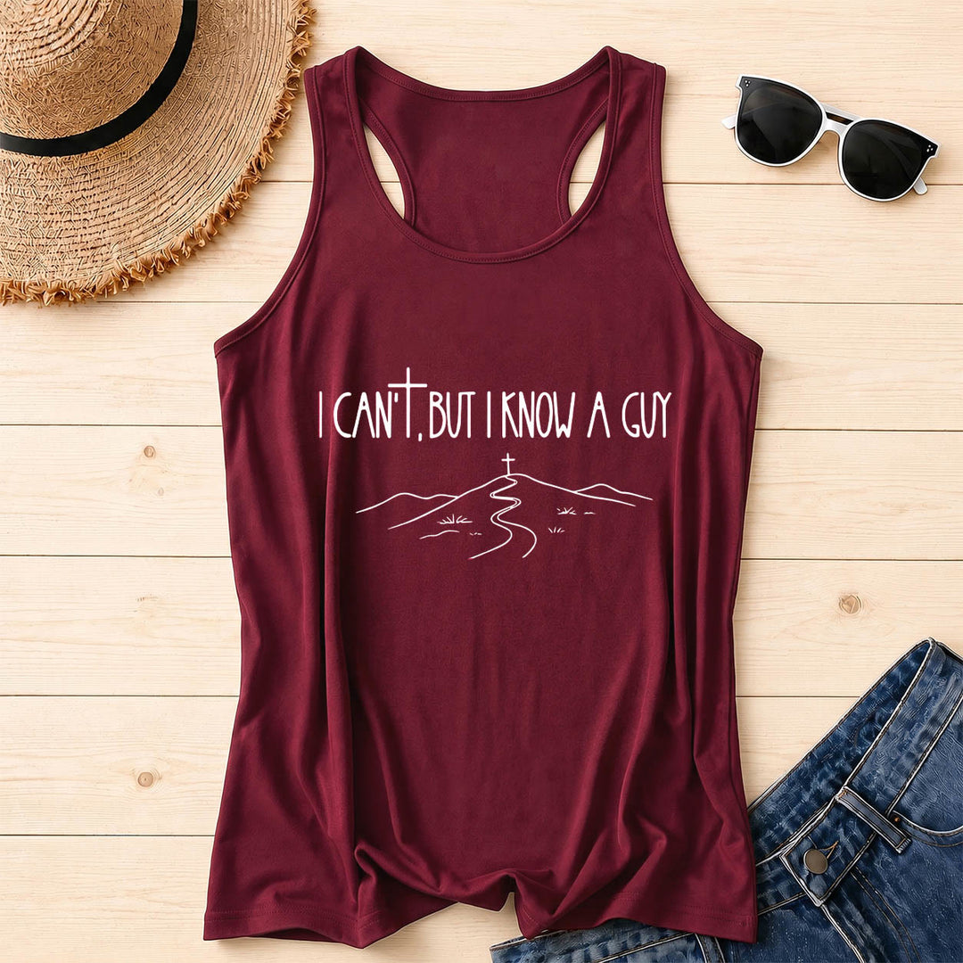 Christianartworkshop No puedo, pero conozco a un chico. Camiseta sin mangas estilo racerback con estampado frontal de colina, cruce de caminos y fuente manuscrita. - Vino - 2XL - image 0