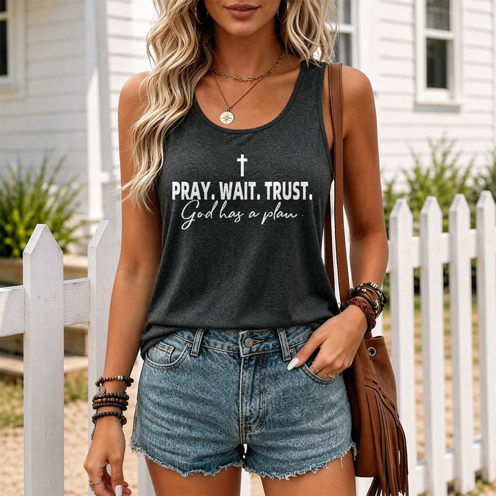 Christianartworkshop Cruz ORA ESPERA CONFÍA Fuente de bloque en negrita Sublínea cursiva Dios tiene un plan Camiseta sin mangas estilo racerback - image 7