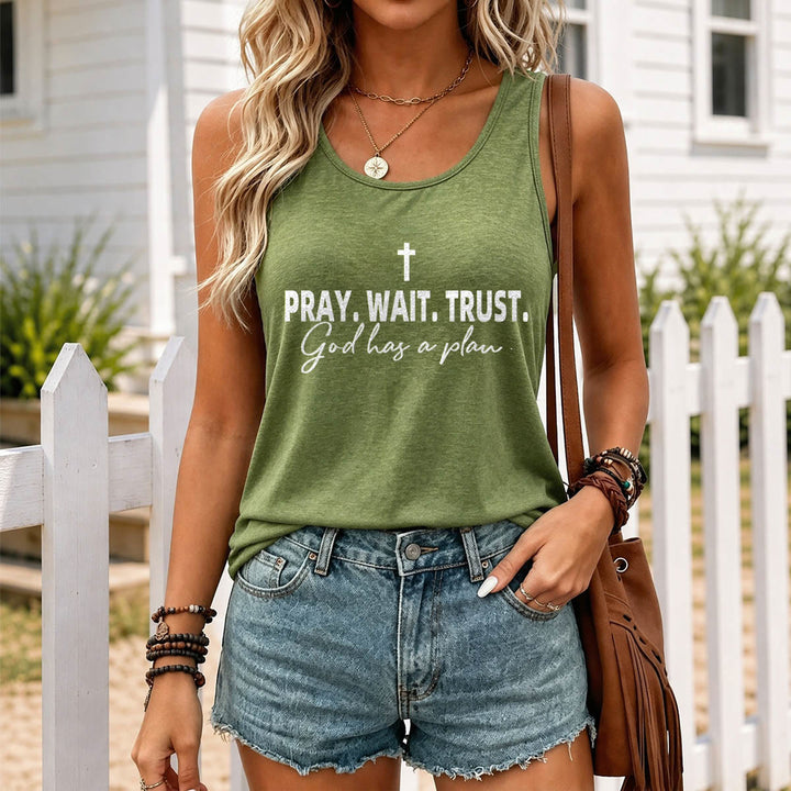Christianartworkshop Cruz ORA ESPERA CONFÍA Fuente de bloque en negrita Sublínea cursiva Dios tiene un plan Camiseta sin mangas estilo racerback - image 17