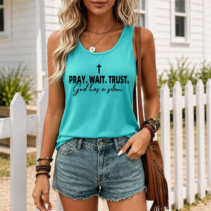 Christianartworkshop Cruz ORA ESPERA CONFÍA Fuente de bloque en negrita Sublínea cursiva Dios tiene un plan Camiseta sin mangas estilo racerback - image 11