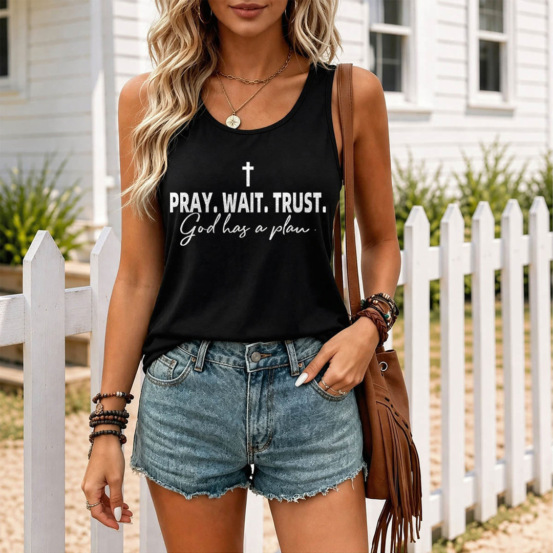 Christianartworkshop Cruz ORA ESPERA CONFÍA Fuente de bloque en negrita Sublínea cursiva Dios tiene un plan Camiseta sin mangas estilo racerback - image 1