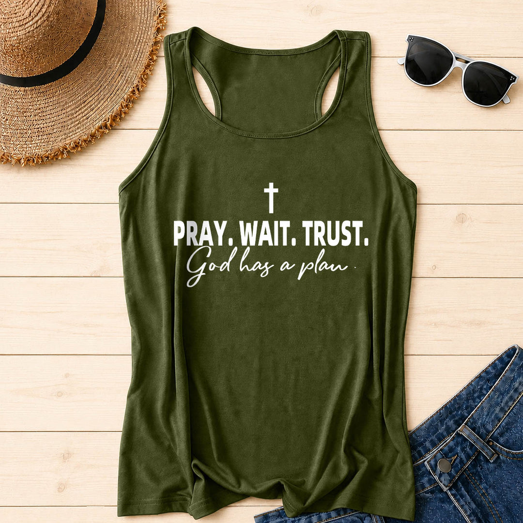 Christianartworkshop Cruz ORA ESPERA CONFÍA Fuente de bloque en negrita Sublínea cursiva Dios tiene un plan Camiseta sin mangas estilo racerback - Verde militar - 2XL - image 14