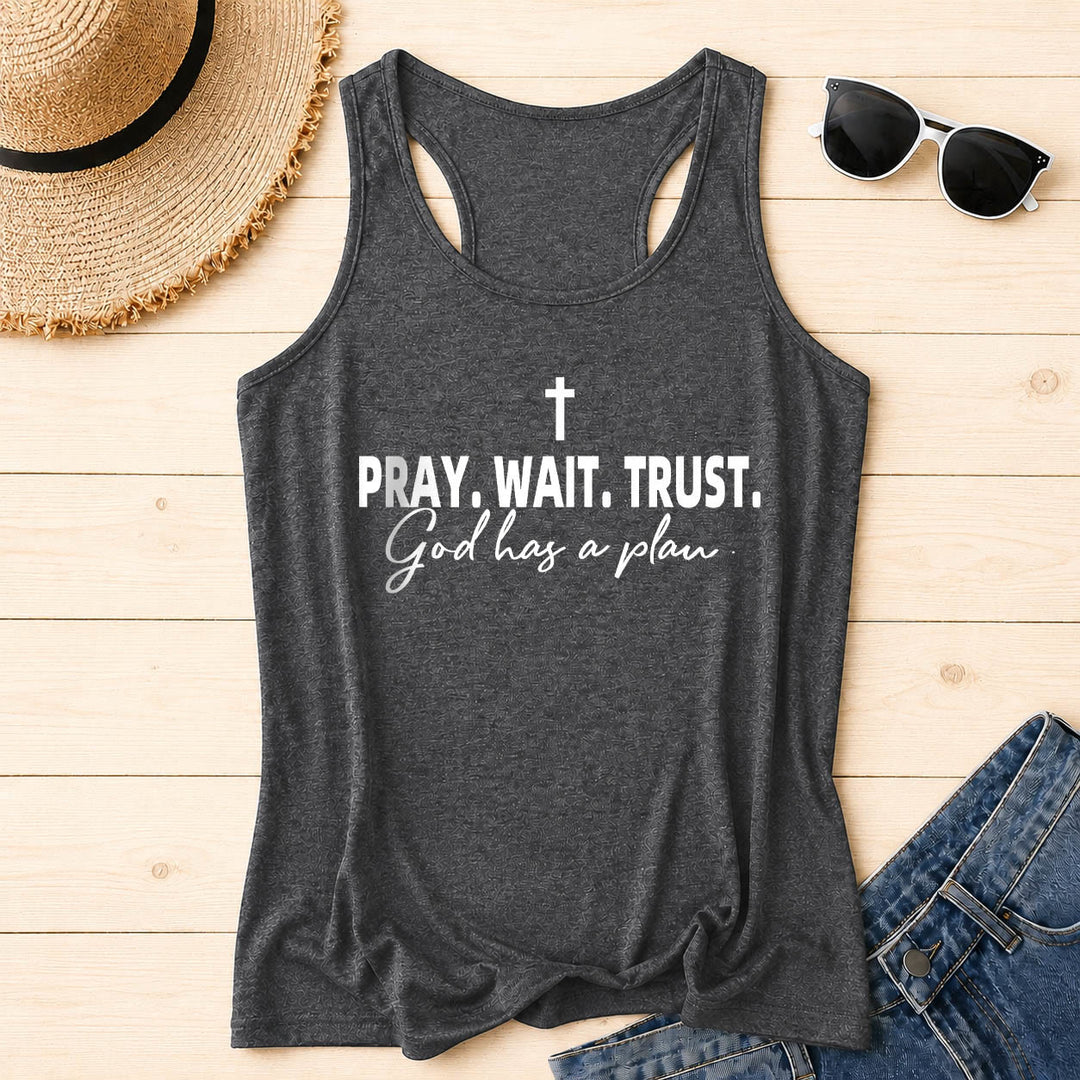 Christianartworkshop Cruz ORA ESPERA CONFÍA Fuente de bloque en negrita Sublínea cursiva Dios tiene un plan Camiseta sin mangas estilo racerback - Gris - 2XL - image 6
