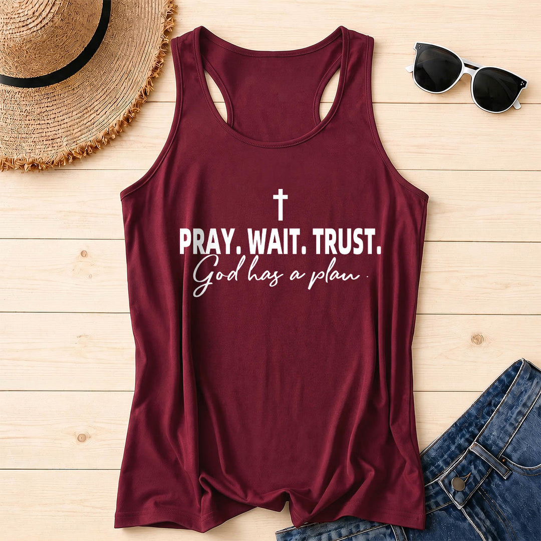 Christianartworkshop Cruz ORA ESPERA CONFÍA Fuente de bloque en negrita Sublínea cursiva Dios tiene un plan Camiseta sin mangas estilo racerback - Vino - 2XL - image 2