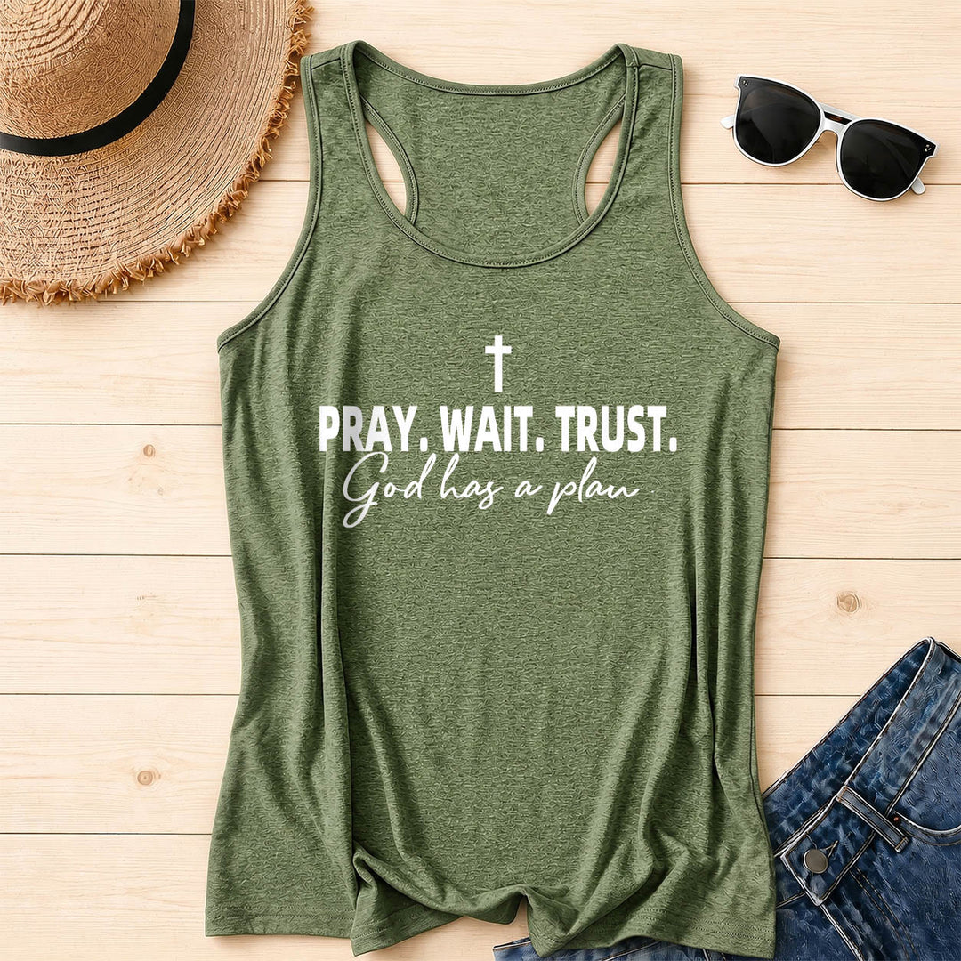 Christianartworkshop Cruz ORA ESPERA CONFÍA Fuente de bloque en negrita Sublínea cursiva Dios tiene un plan Camiseta sin mangas estilo racerback - Verde oliva - 2XL - image 16