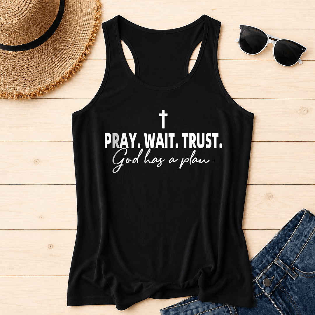 Christianartworkshop Cruz ORA ESPERA CONFÍA Fuente de bloque en negrita Sublínea cursiva Dios tiene un plan Camiseta sin mangas estilo racerback - Negro - 2XL - image 0