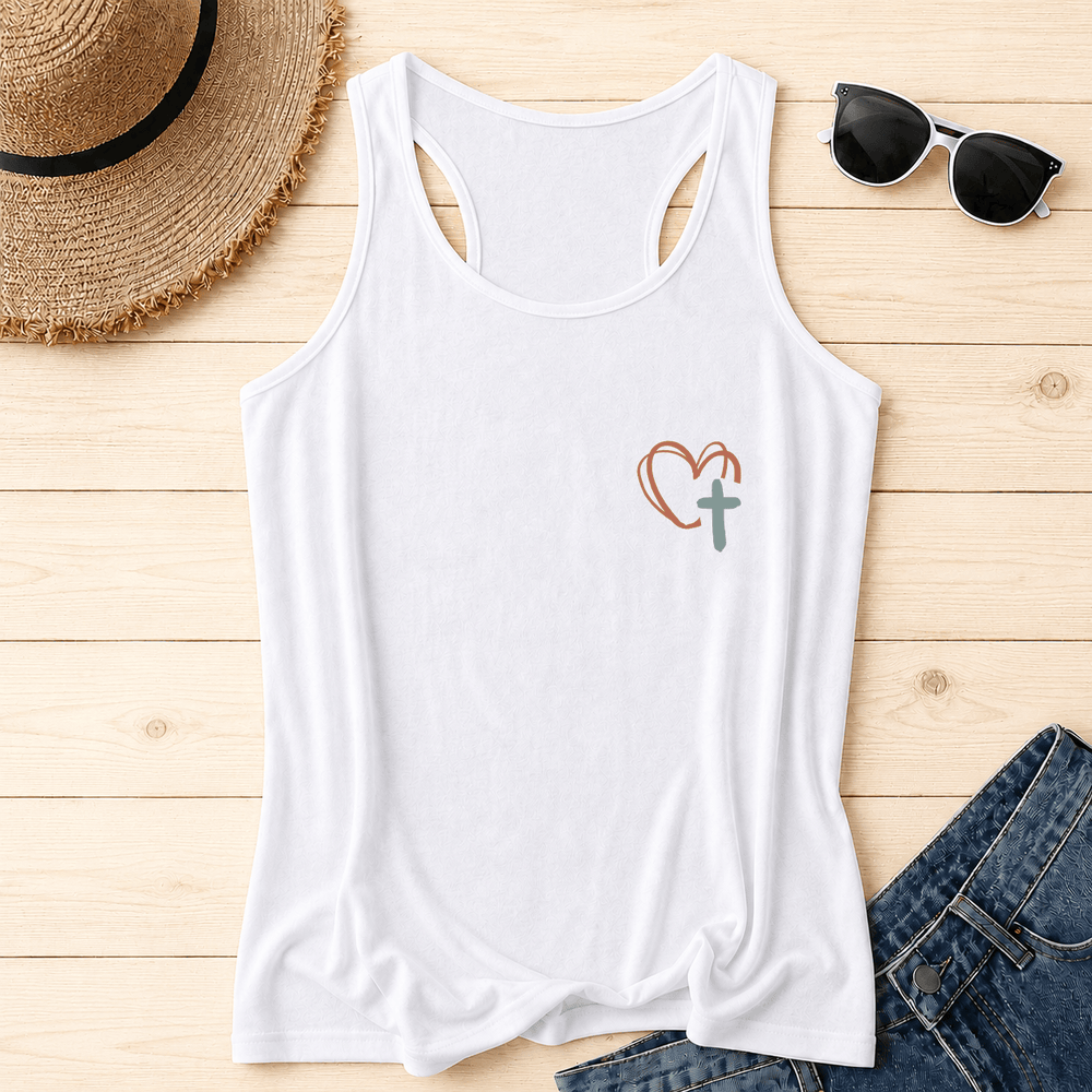 Christianartworkshop Camiseta sin mangas estilo nadador con estampado a doble cara "Jesús me respalda", texto cursivo multicolor, acento solar, cruz y gráfico de corazón. - image 1