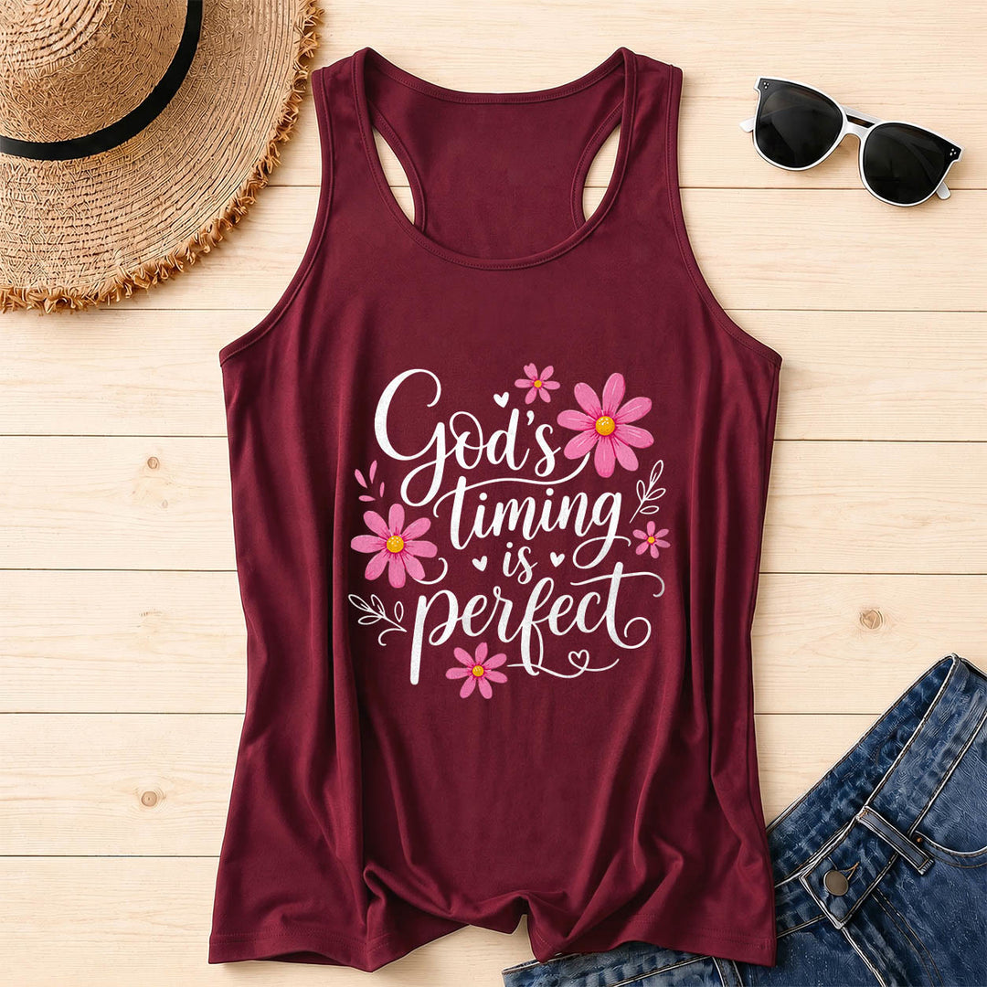Christianartworkshop El tiempo de Dios es perfecto. Elegante camiseta sin mangas estilo racerback con estampado floral de margaritas, corazones y hojas en cursiva fluida. - Vino - 2XL - image 0