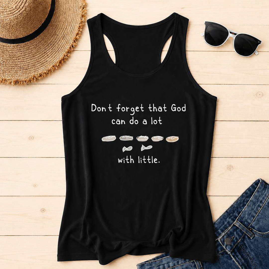 Christianartworkshop No olvides que Dios puede hacer mucho con lo pequeño. Cinco panes y dos peces. Camiseta sin mangas estilo racerback con estampado de boceto lineal. - Negro - 2XL - image 10