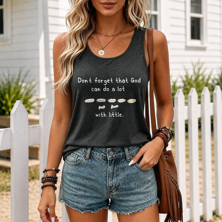 Christianartworkshop No olvides que Dios puede hacer mucho con lo pequeño. Cinco panes y dos peces. Camiseta sin mangas estilo racerback con estampado de boceto lineal. - image 15